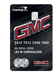 Capital One GMC credit card featuring a sleek design with the GMC logo prominently displayed.