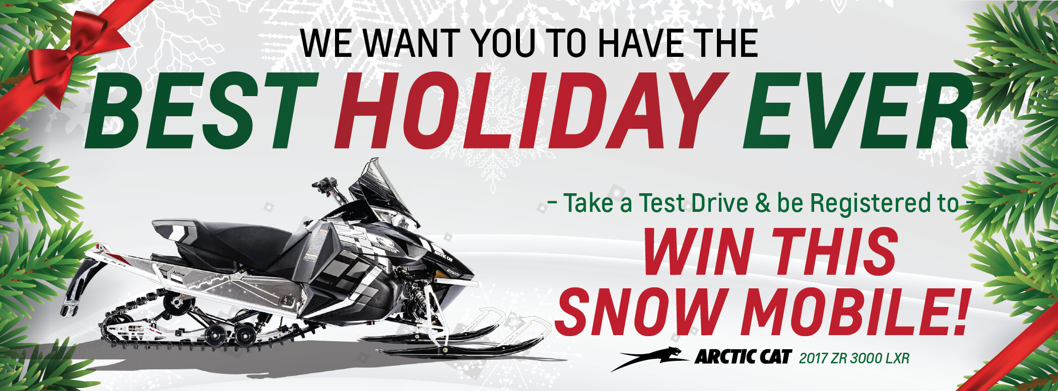 A promotional image featuring a sleek snowmobile with the text 'Win this snowmobile!' displayed prominently.